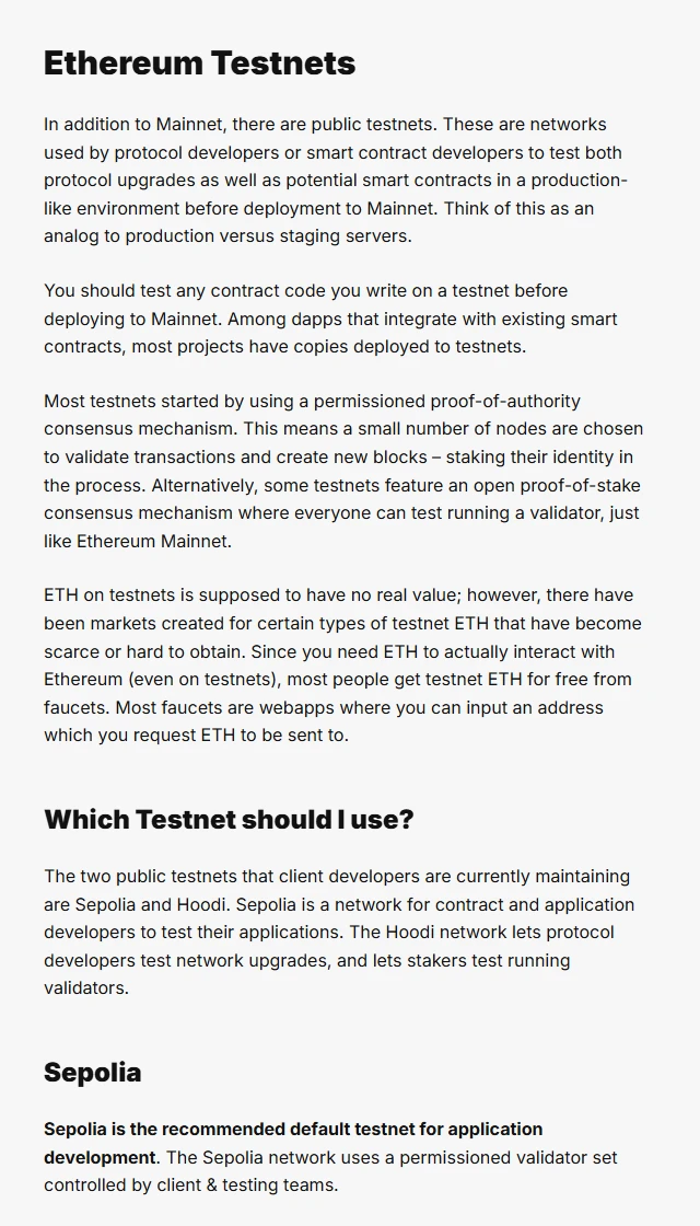 ethereum.org 网络说明页截图：测试网 ETH 本应没有实际价值，Sepolia 是应用开发的默认测试网