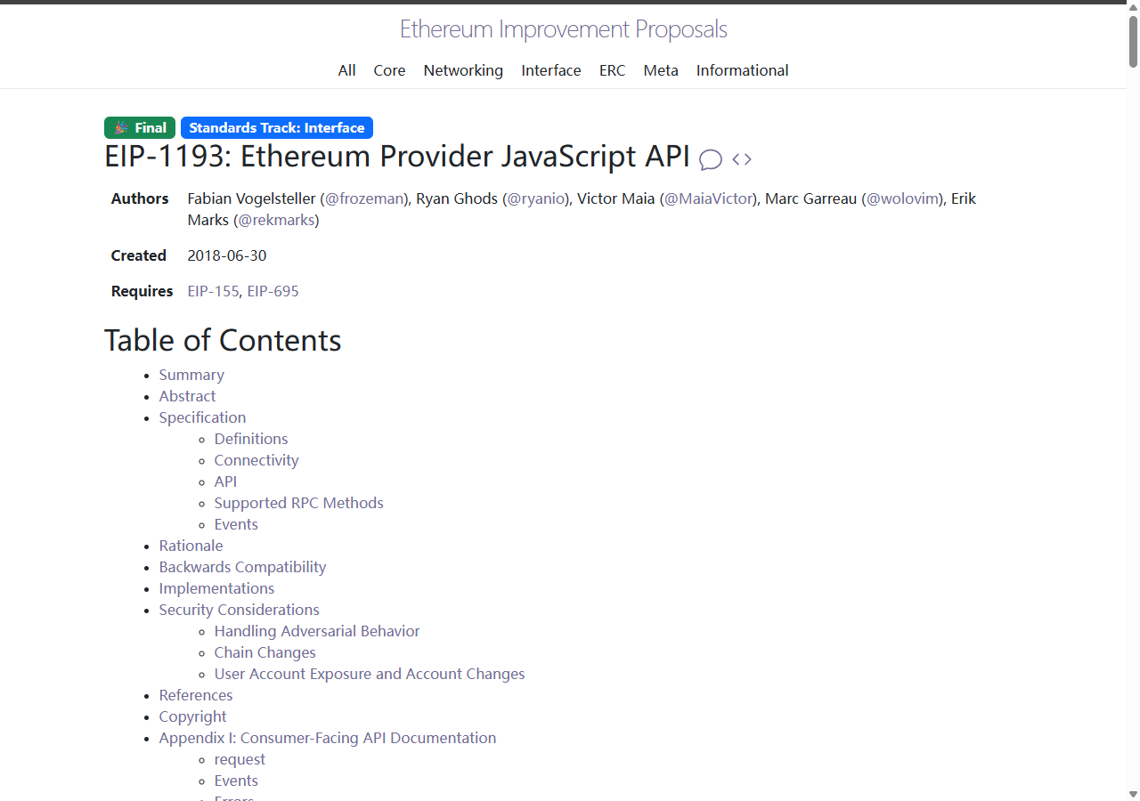 EIP-1193 Provider API 与钱包网络错误代码说明真实网页截图