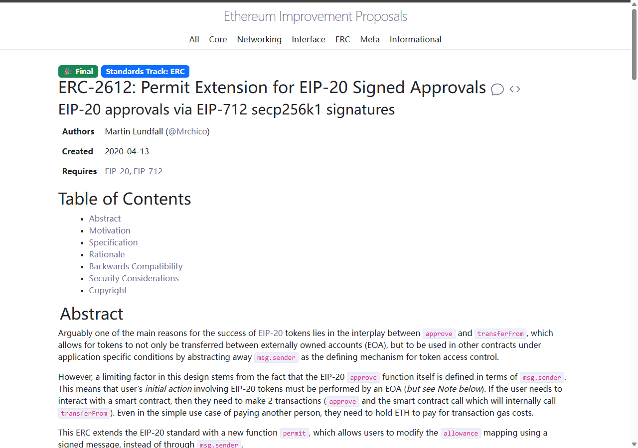 Opisyal na ERC-2612 specification tungkol sa permit na nilalagdaan