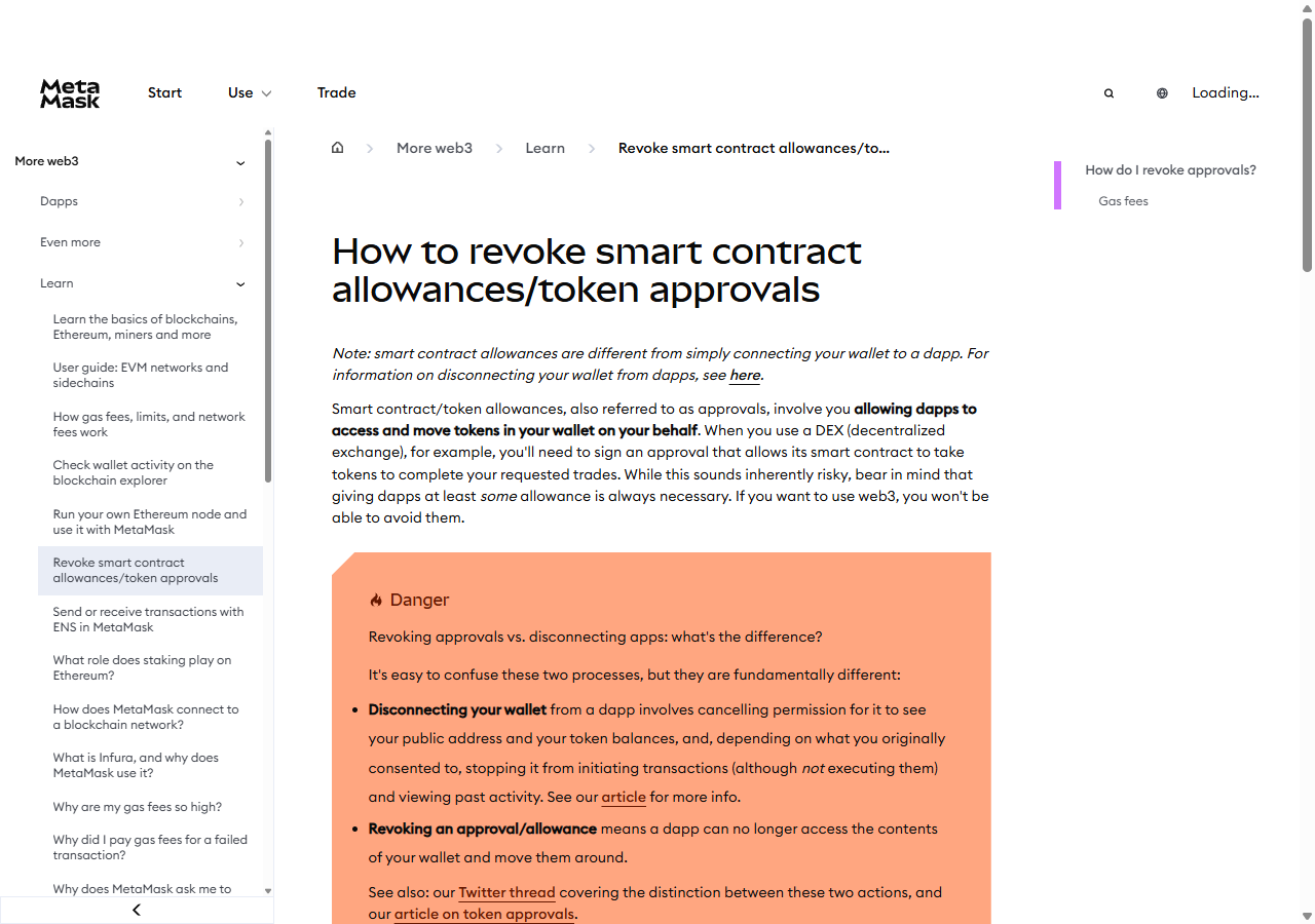 MetaMask 官方说明把断开 dapp 与撤销 token allowance 区分开